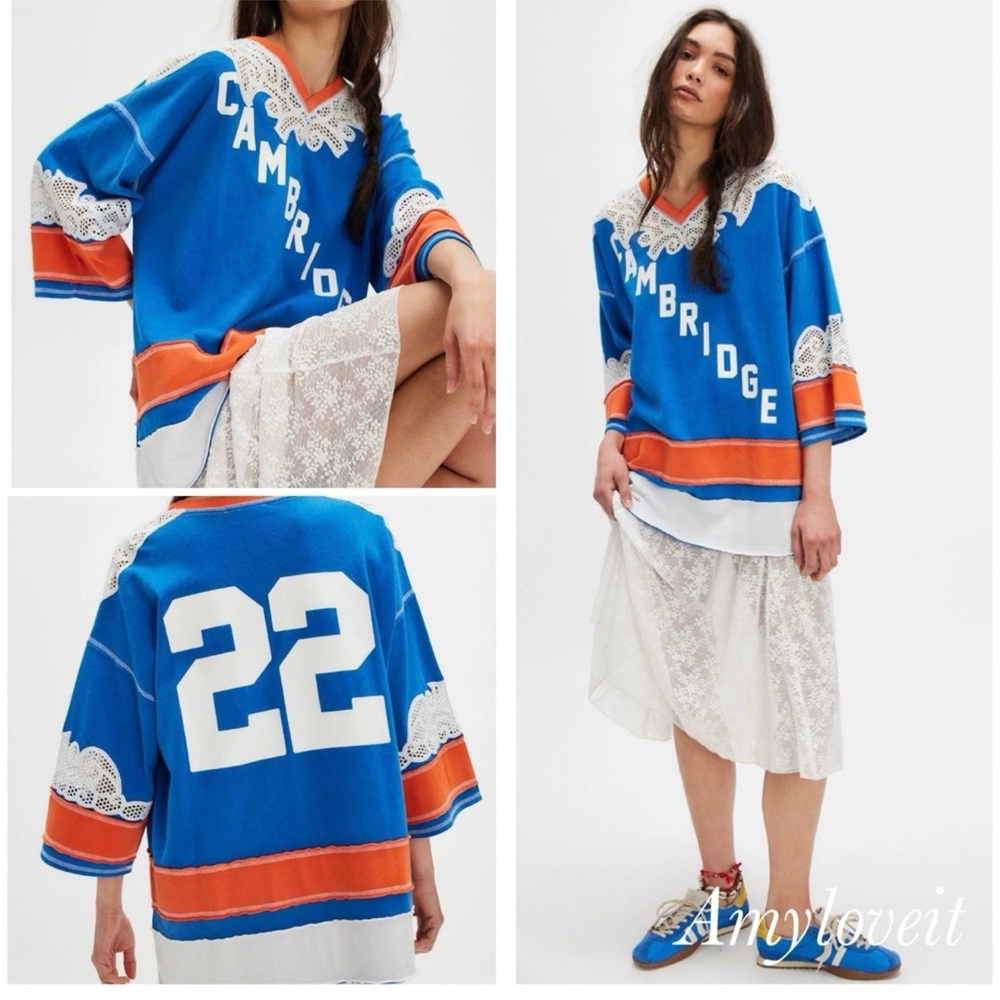 We The Free People Stanley Oversized Jersey Tee Lace Inlay Cambridge Medium New